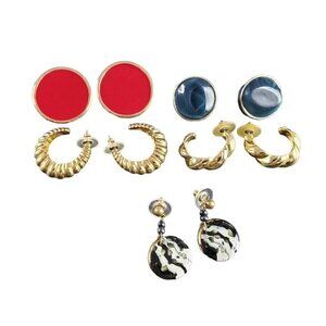 Vintage Gold-Tone Hoop & Black Dangle & Red Blue Enamel Earrings Lot of 5